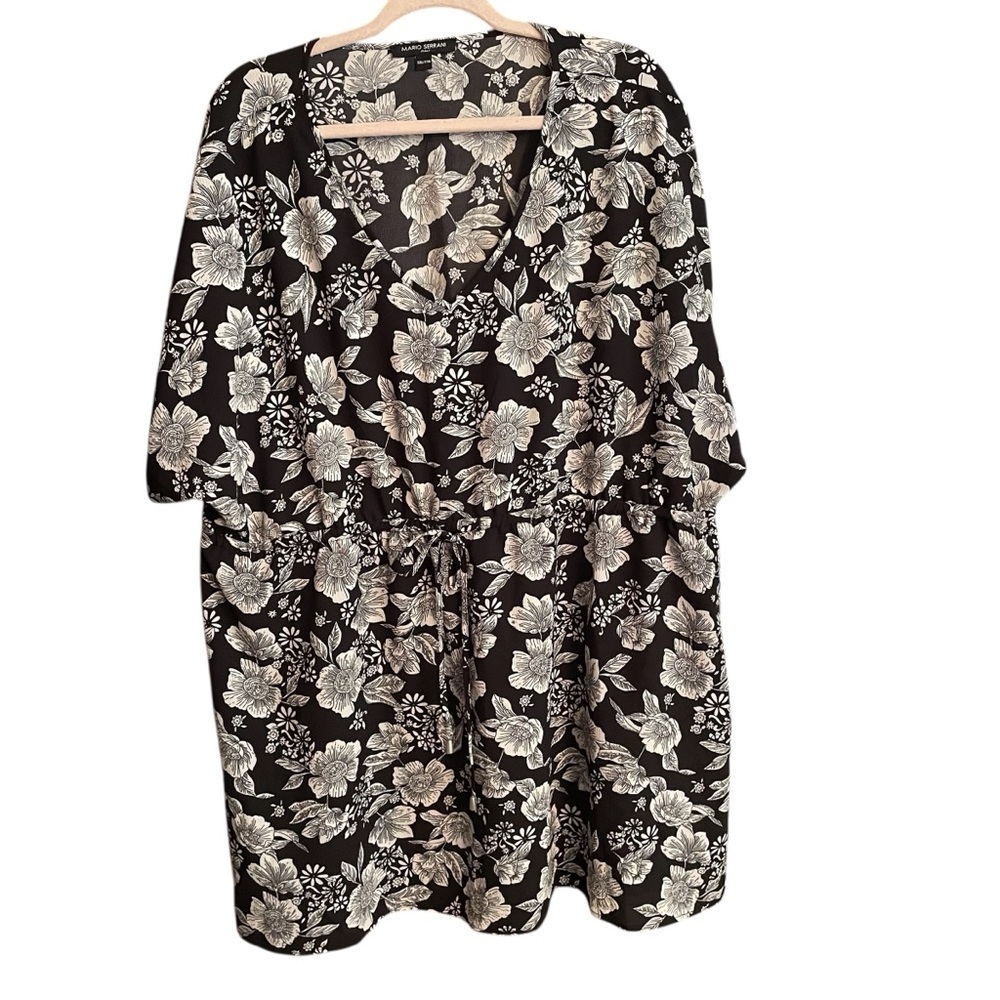 Mario Serrani Italy Black White Floral Swim Cover/Top/Kimono- Size XXL V-Neck